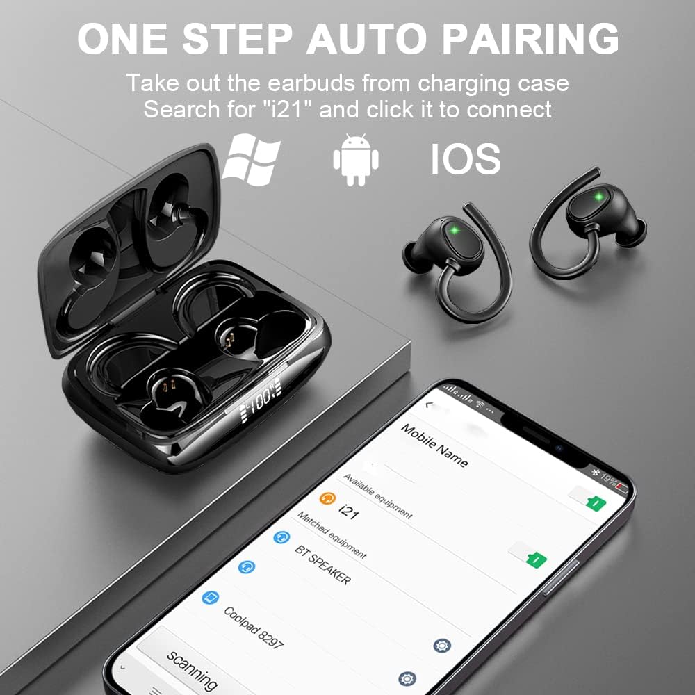 Wireless Earbuds Bluetooth Headphones 48hrs Play Back Sport Earphones with LED Display Over-Ear Buds with Earhooks Built-in Mic Headset for Workout