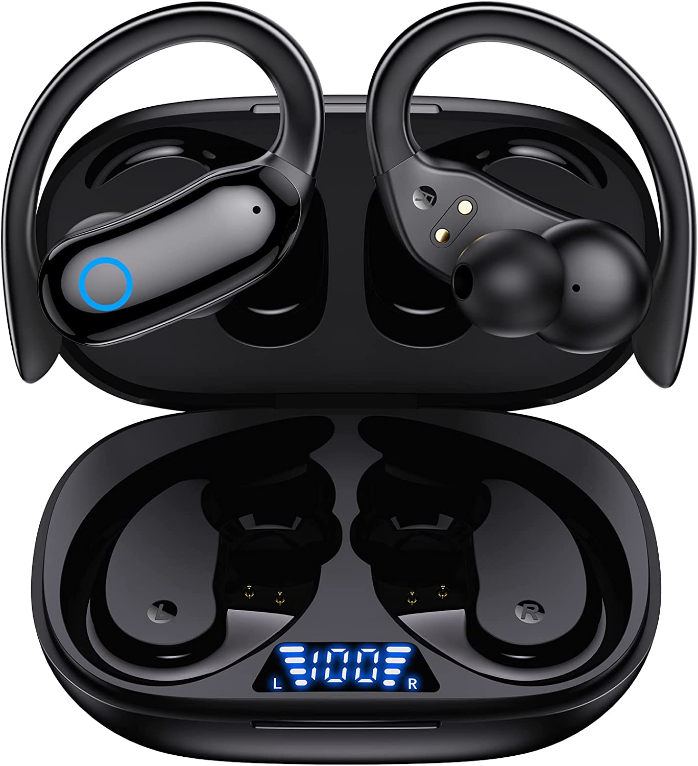 VEAT00L Bluetooth Headphones Wireless Earbuds 48hrs Playback IPX7 Waterproof Earphones Over-Ear Stereo Bass Headset with Earhooks Microphone LED Battery Display for Sports/Workout/Gym Black