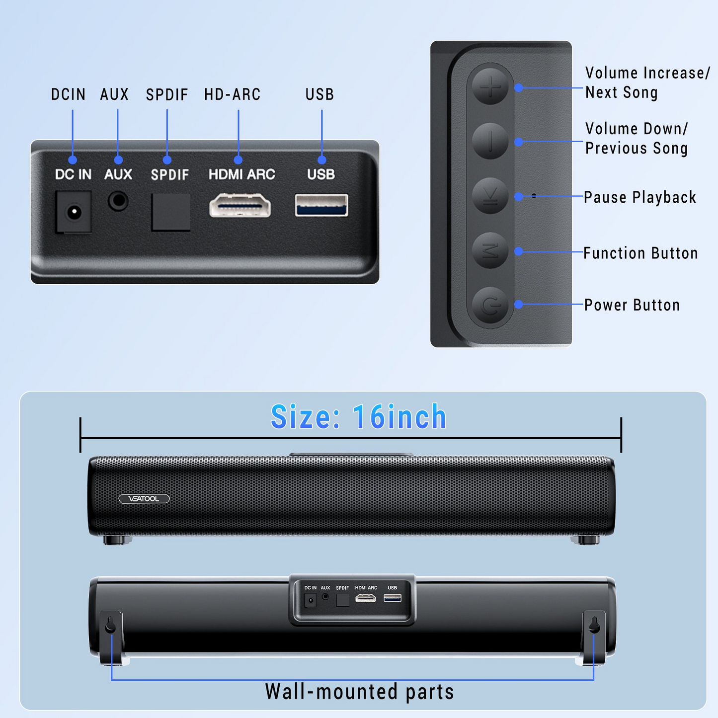 Veatool S10 TV Soundbar, 40Watts-16 Inches Small Bluetooth Sound Bar with Optical, AUX and USB Input