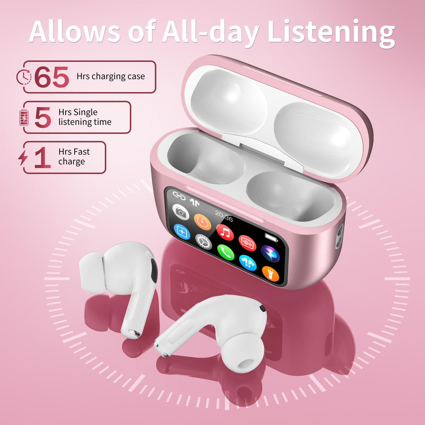 Wireless Bluetooth Touchscreen Earbuds,75H Bass Stereo Ear Buds with 6 EQ Modes,Multifunction LED Full Color Touchscreen Wireless Earphones with ENC Mic,ANC Noise Cancelling/Transparency Mode