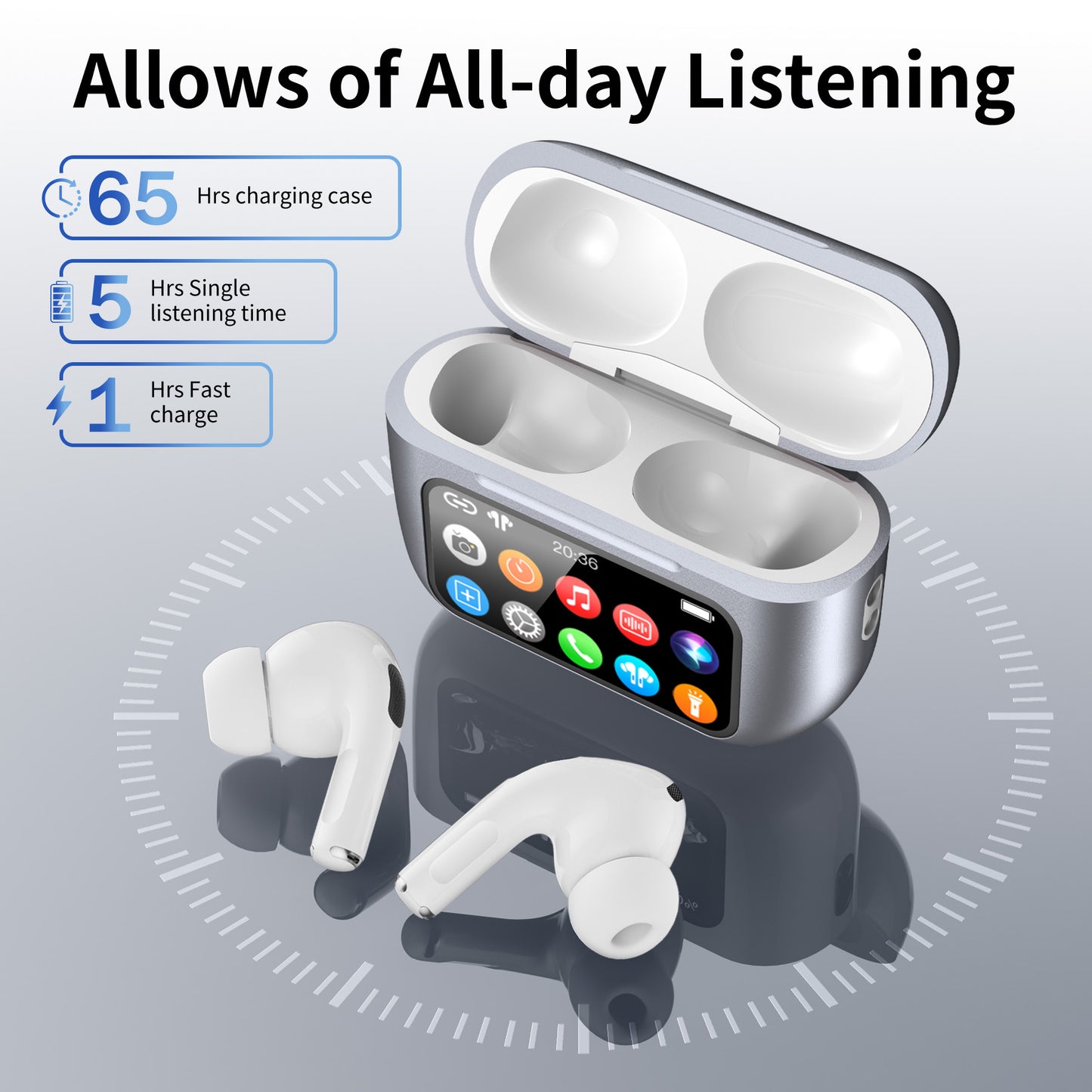 Wireless Bluetooth Touchscreen Earbuds,75H Bass Stereo Ear Buds with 6 EQ Modes,Multifunction LED Full Color Touchscreen Wireless Earphones with ENC Mic,ANC Noise Cancelling/Transparency Mode