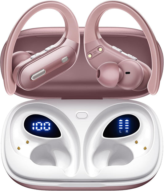 Wireless Earbuds Bluetooth 5.3 Headphones 90 Hrs Playtime Ear buds with Wireless Charging Case Power Display Over-ear Earphones with Earhooks Waterproof Stereo Headset for Android phone Workout Pink