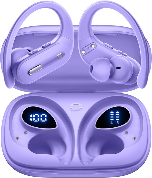 Wireless Earbuds Bluetooth 5.3 Headphones 90 Hrs Playtime Ear buds with Wireless Charging Case Power Display Over-ear Earphones with Earhooks Waterproof Stereo Headset for Android phone Workout Purple