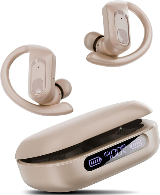 occiam Active Noise Cancelling Headphones Wireless Earbuds Bluetooth Ear Buds 96Hrs Playback HD Call Over-Ear Waterproof Earphones with Earhooks Microphones for Sport/Running/Workout Ivory
