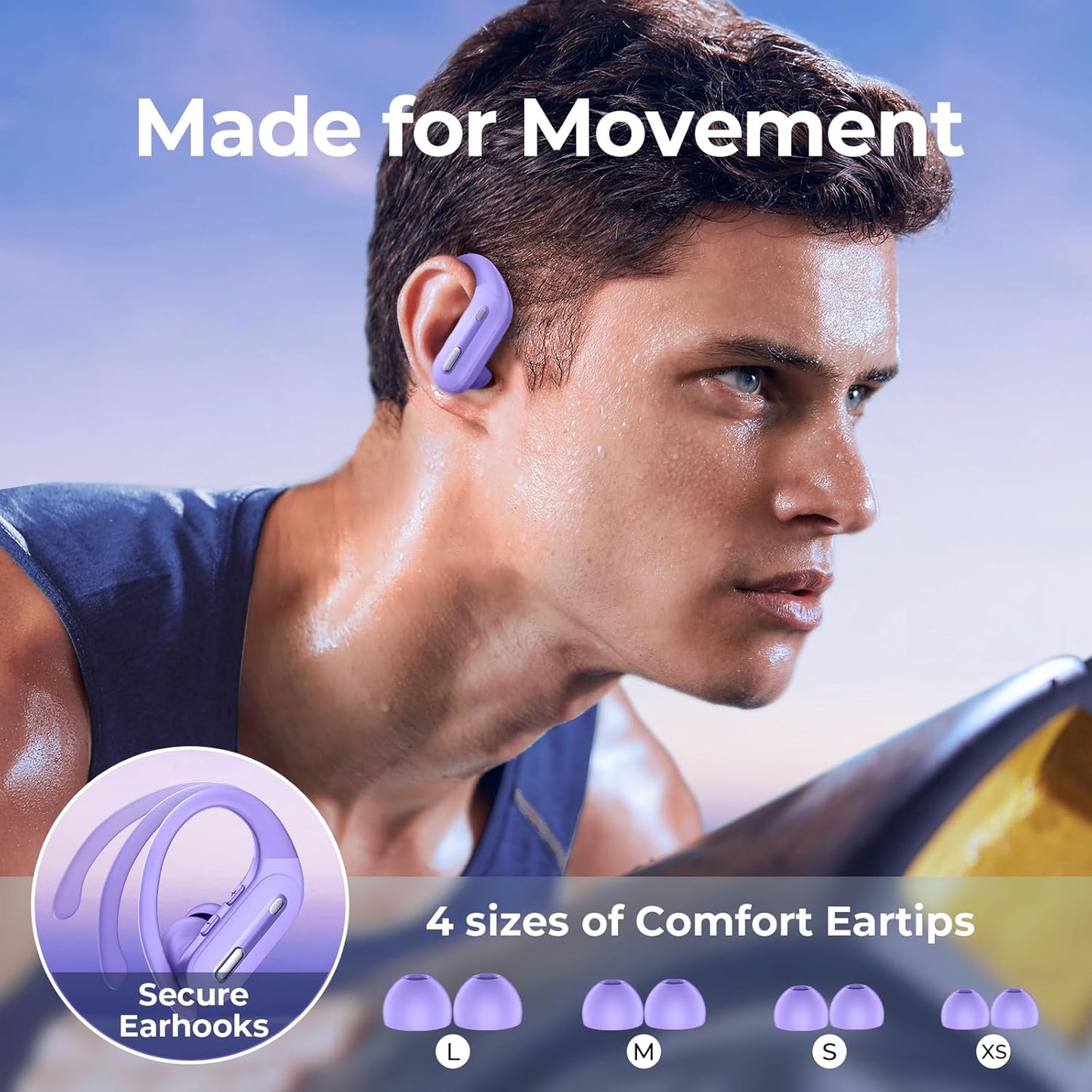 Wireless Earbuds Bluetooth 5.3 Headphones 90 Hrs Playtime Ear buds with Wireless Charging Case Power Display Over-ear Earphones with Earhooks Waterproof Stereo Headset for Android phone Workout Purple