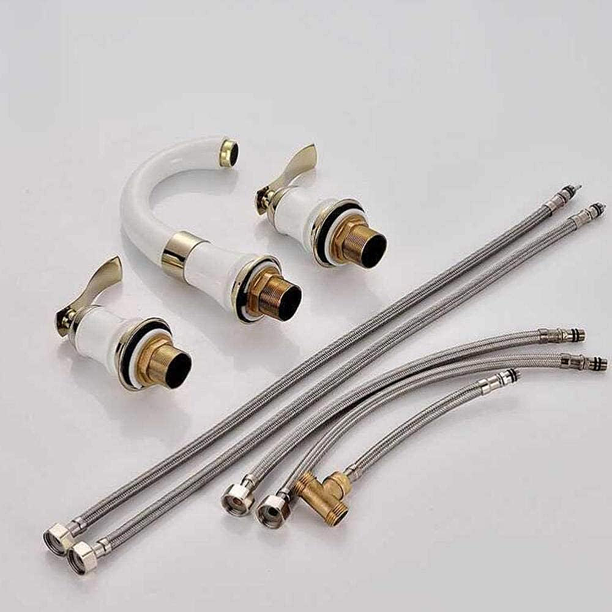 Bathroom Sink 3 Hole Faucet, KDMLR 4 Inch Ceramic White Bathroom Sink Faucet with Pop Up Drain and 2 Water Supply Hoses, Ceramic Lead Free Dual Handle Handheld Faucet for Bathroom Sink Vanity RV