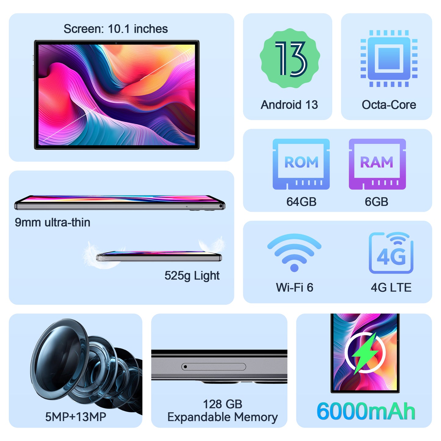VEAT00L F11 Android 13 Tablet 2024, 6GB(4+2) RAM, 64GB ROM, 128GB Expand, Quad-Core Processor up to 2.0 GHz, Dual Camera, WiFi, BT, 6000mAh with Fast Charge, 1280x800 HD Touch Screen