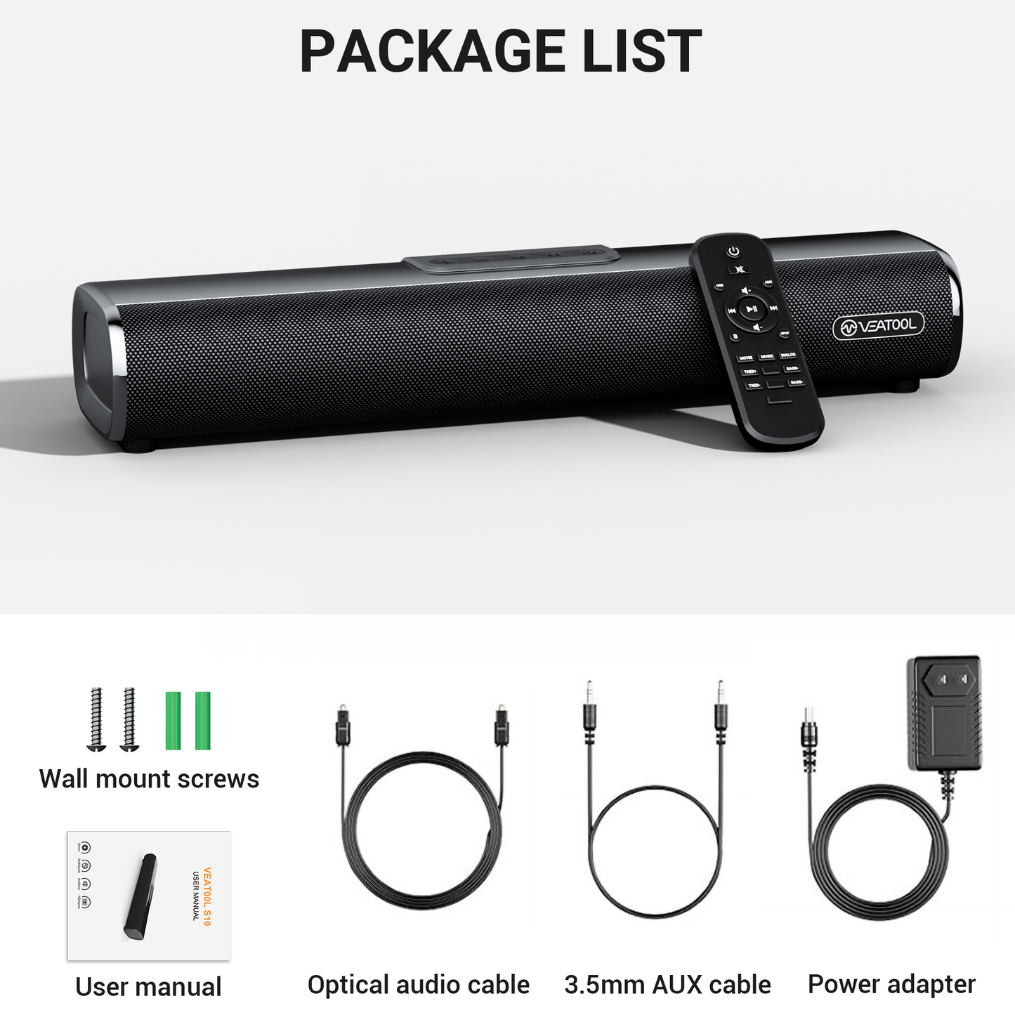 VEATOOL Soundbar for Smart TV, 50Watts-16 Inches Small Bluetooth Sound Bar with Built-in Subwoofer,3D Surround Sound System TV Sound Bar, OPT/HDMI/AUX/USB Connection, 3EQS, Wall Mountable