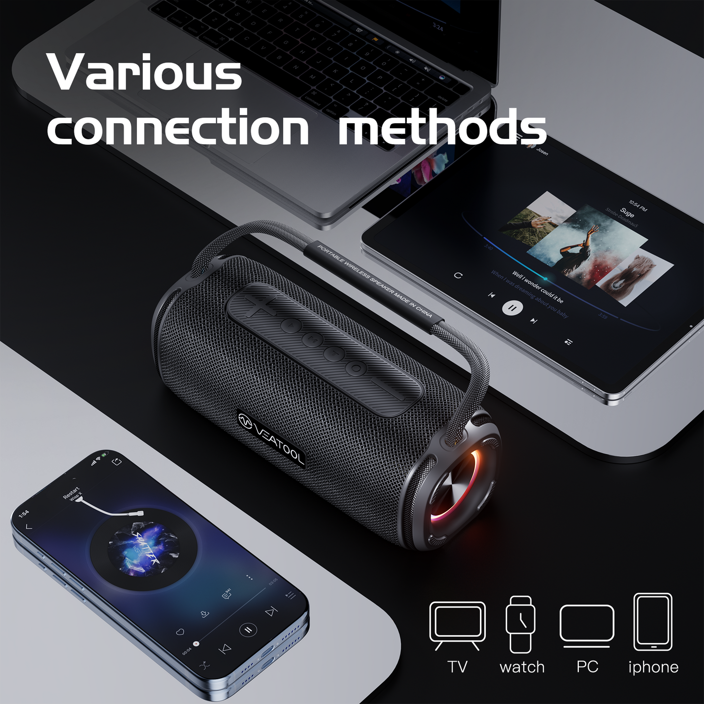 Bluetooth Speaker, 8H Playtime Portable Home Wireless Bluetooth 5.3 Speaker with Stereo Bass, IPX7 Waterproof Portable Bluetooth Speake with Colorful Flashing Lights