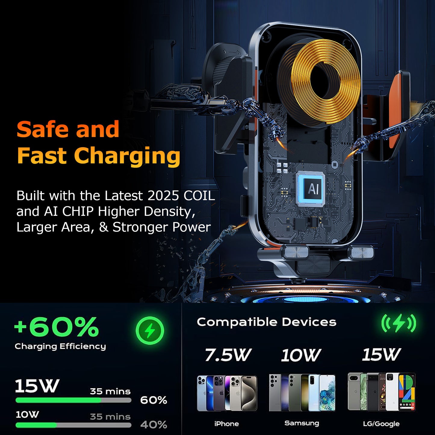 VEAT00L C16s Wireless Car Charger,15W Fast Charging Auto Clamping Car Charger for Dash Windshield Air Vent Compatible,Hands-Free Phone Holder Car Mount for iPhone 16 15 14, Samsung Galaxy,Google, etc