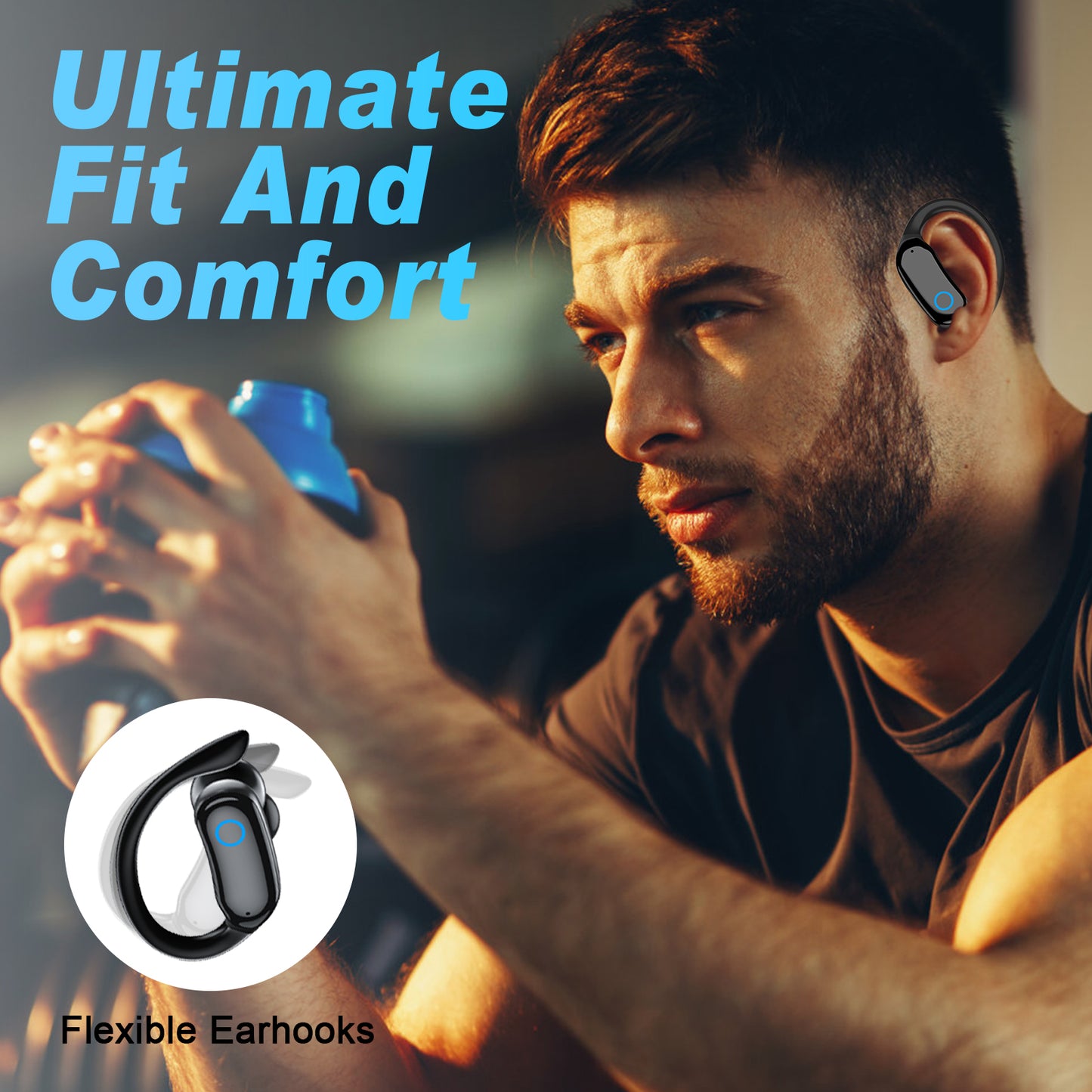 VEAT00L Bluetooth Headphones Wireless Earbuds 48hrs Playback IPX7 Waterproof Earphones Over-Ear Stereo Bass Headset with Earhooks Microphone LED Battery Display for Sports/Workout/Gym Black