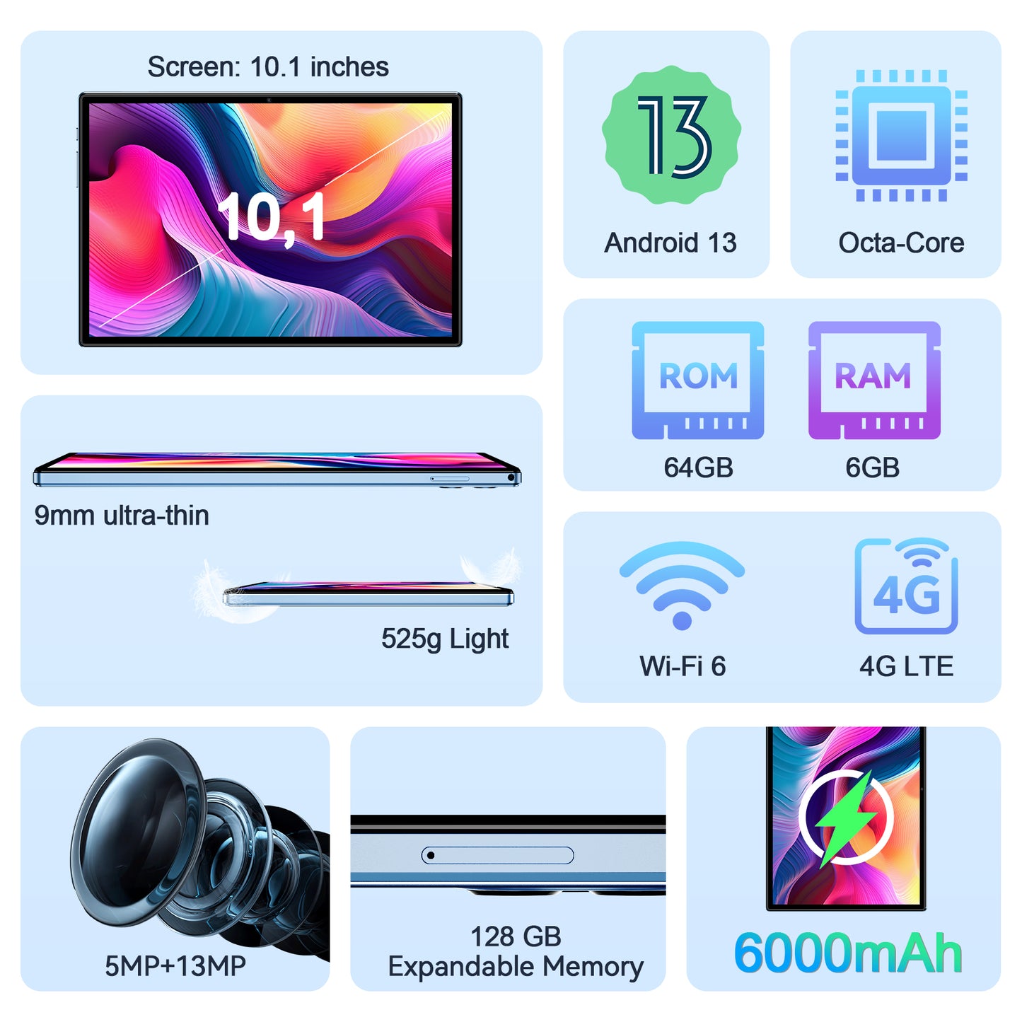 VEAT00L Tablet,10.1 inch Android 13 Tablets 2025,6GB RAM 64GB ROM 128GB Expand,Octa-Core Processor up with 5G WiFi,1280x800 IPS HD Touchscreen,6000mAh Battery, Bluetooth, Dual Camera, GMS