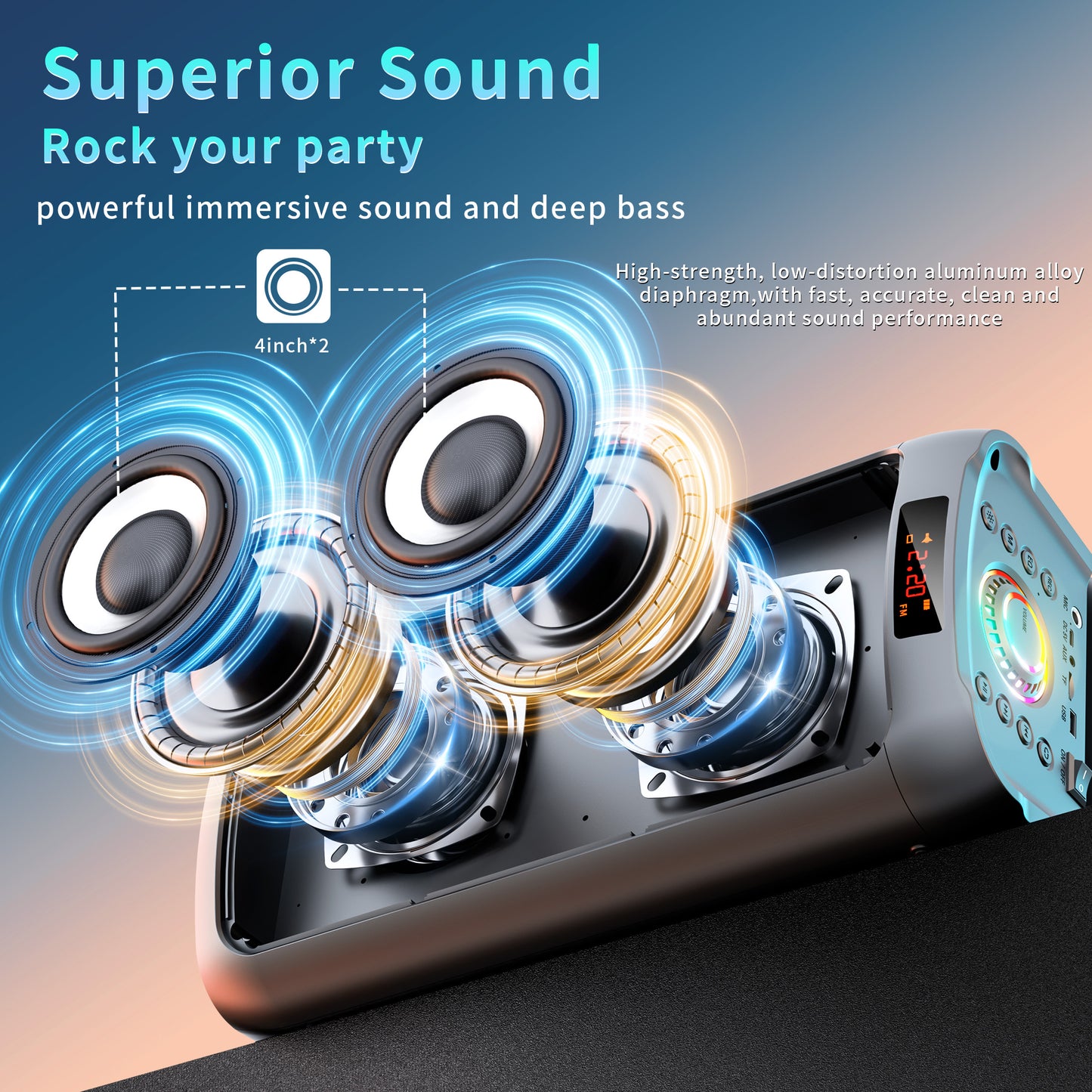 Karaoke Machine with 2 Wireless Karaoke Microphones, Portable Karaoke Speaker with Dual 4-inch woofers, omnidirectional Sound and RGB Colorful Light