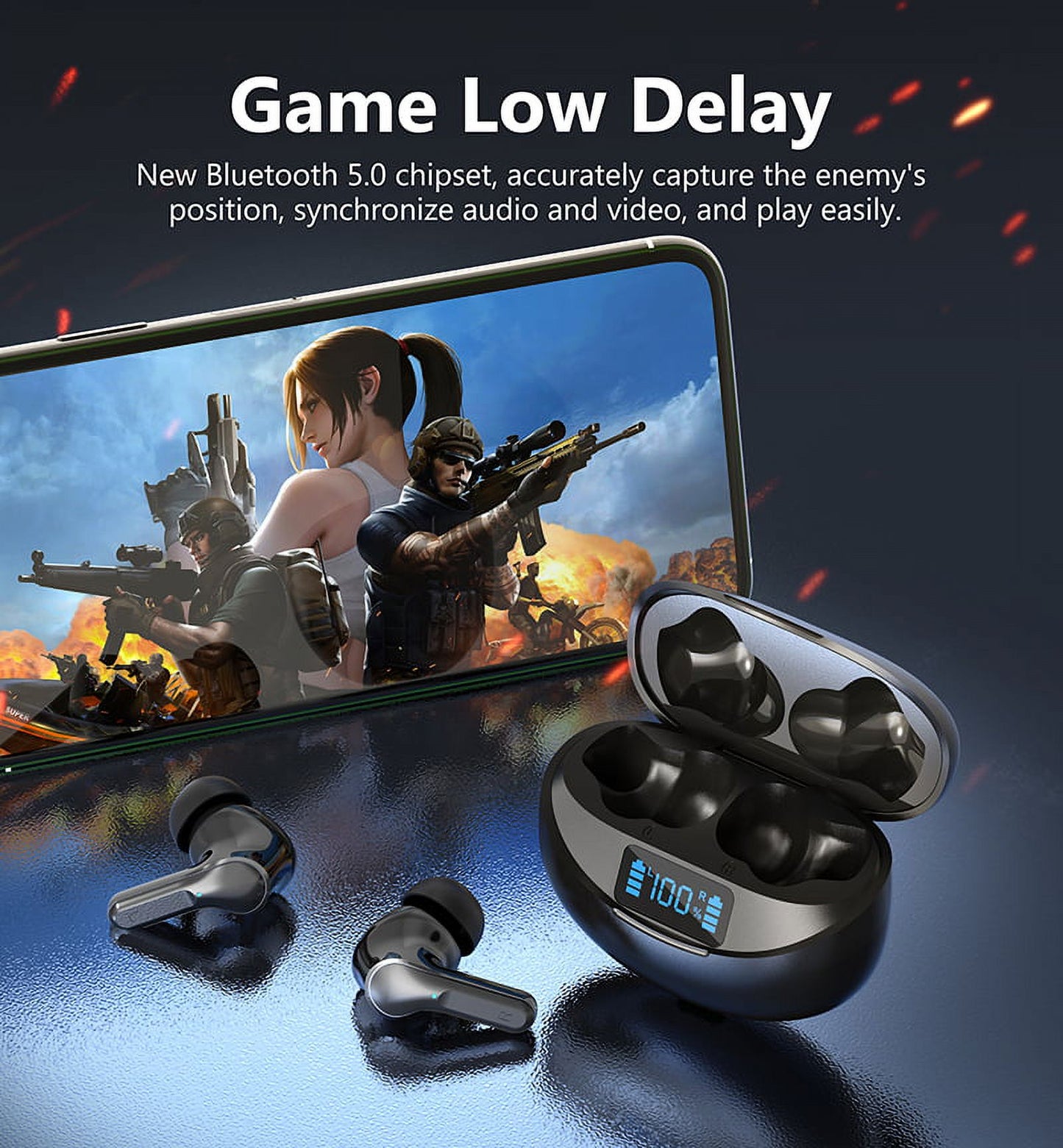 Wireless Earbuds, Bluetooth Headset with Microphone Touch Control , Bluetooth Headphones with Wireless Charging Case & LED Power Display, High-Fidelity Stereo Earphones for Sports and Work