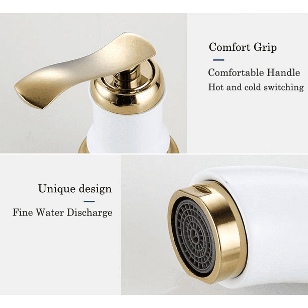 Bathroom Sink 3 Hole Faucet, KDMLR 4 Inch Ceramic White Bathroom Sink Faucet with Pop Up Drain and 2 Water Supply Hoses, Ceramic Lead Free Dual Handle Handheld Faucet for Bathroom Sink Vanity RV