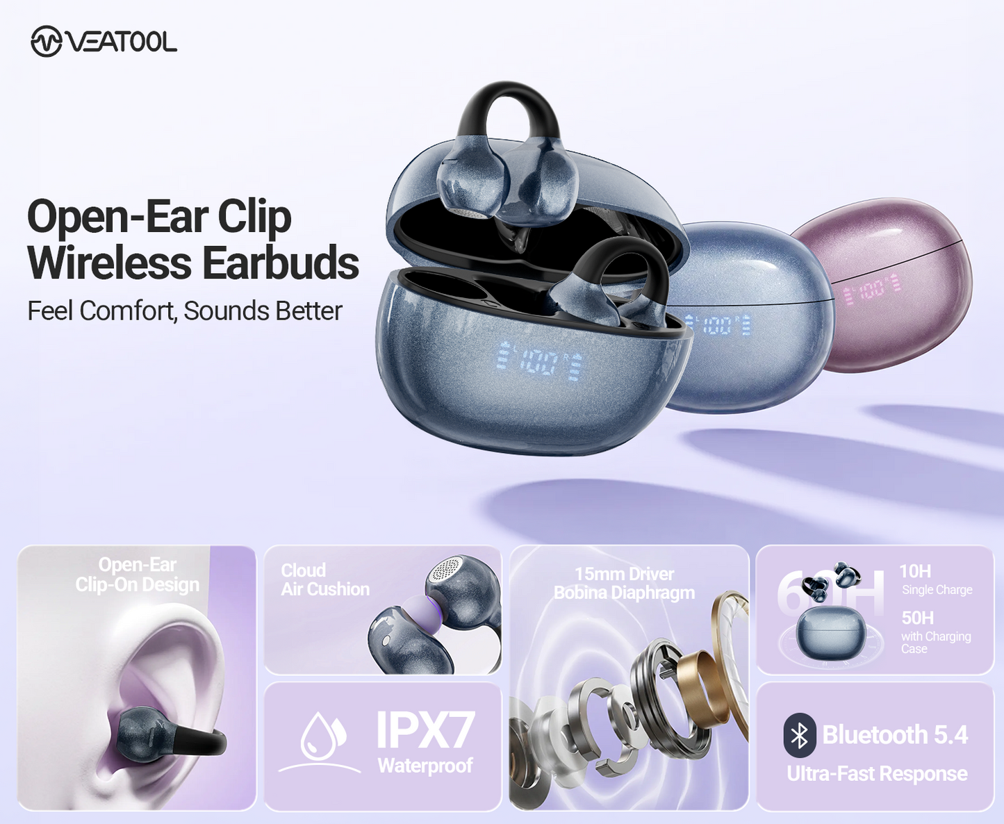 VEATOOL Wireless Earbuds Open Ear Headphone Sport, Bluetooth 5.3 Earbud, 80Hrs Earphone with Earhook, Noise Cancelling Mic,Light Weight Comfortable Fit,Suitable for Running,Workouts