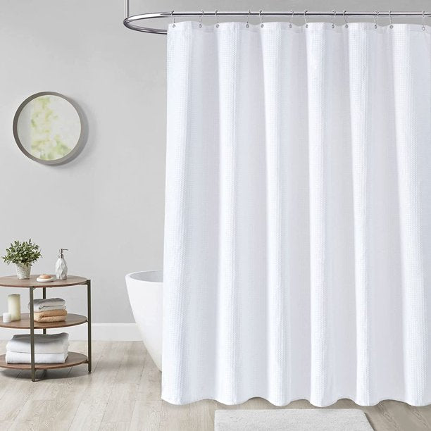 KDMLR White Fabric Shower Curtain, Waffle Weave Heavy Duty Hotel Luxury Cloth Shower Curtains for Bathroom, 72 Inch 256GSM Weighted Bath Curtain Set with 12 Plastic Hooks,72x72