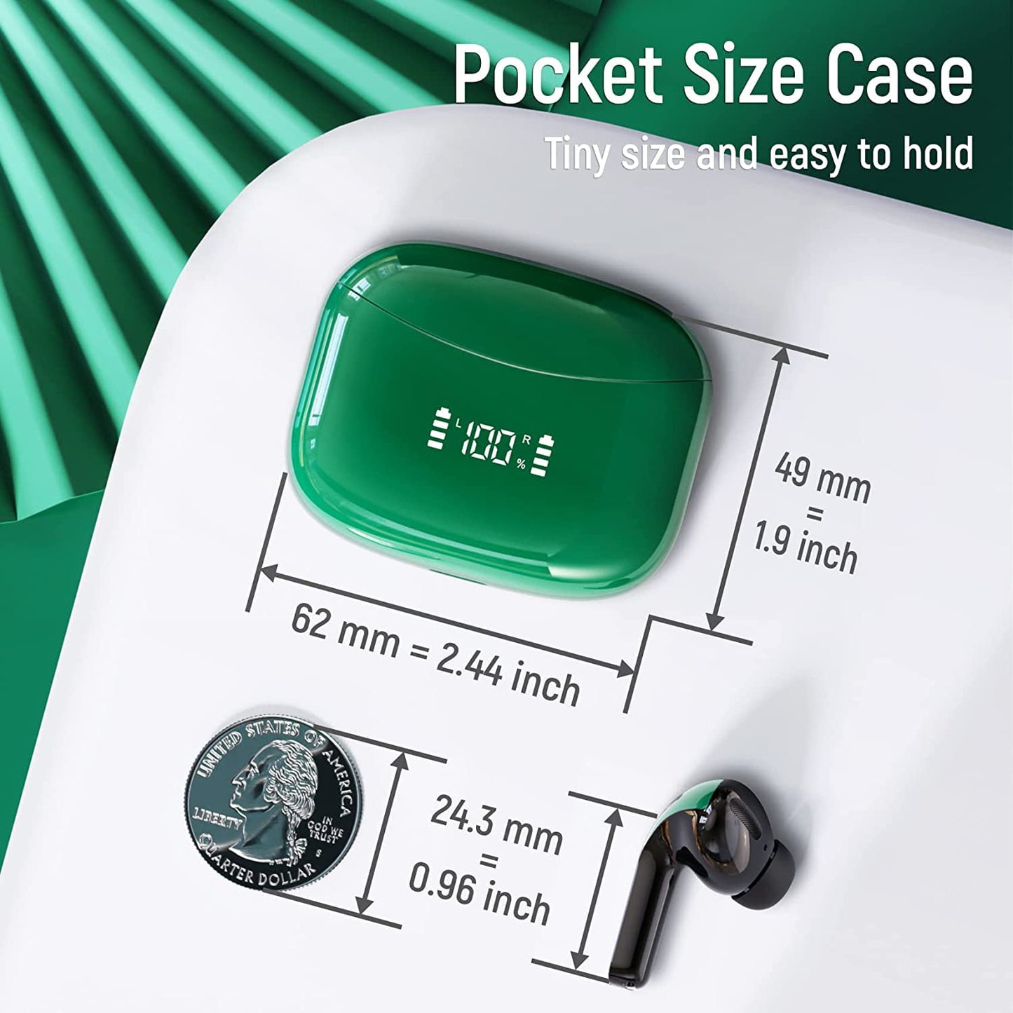 VEATOOL X15 Wireless Earbuds Bluetooth 5.3 Headphones,72H Hi-Fi Stereo Deep Bass Earphones with Noise Cancelling Mic IP7 Waterproof Sport Headset with LED Power Display for Laptop Pad Phones Green