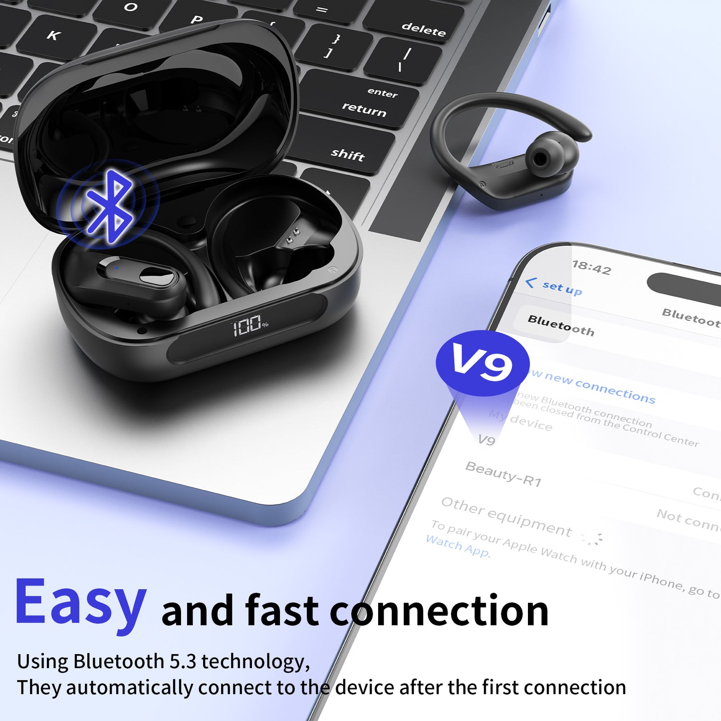 Bluetooth Headphones Wireless Earbuds 96Hrs Playback Sport Ear Buds with Earhook LED Display Charging Case IPX7 Waterproof Earbud Deep Bass Running Earphones for iOS Android Cellphone