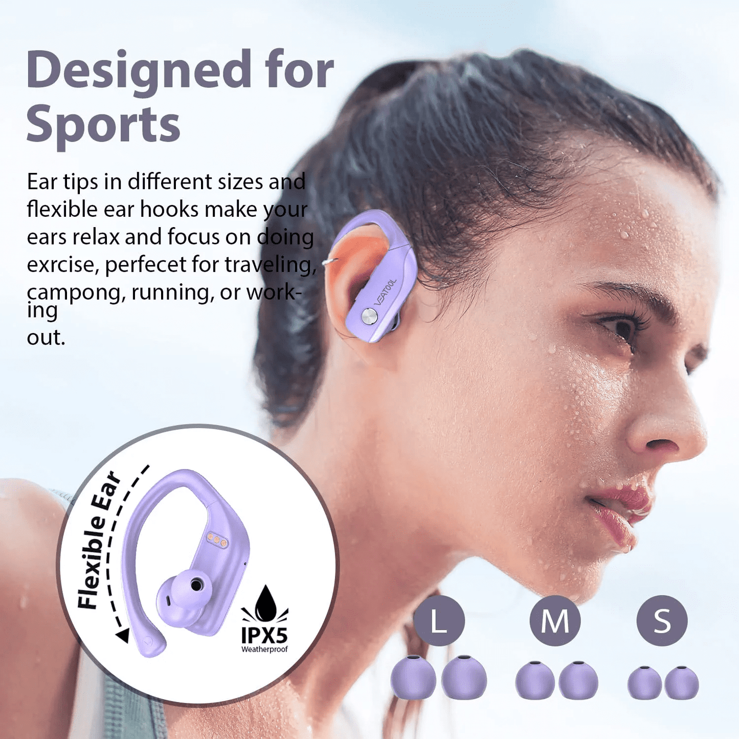 VEAT00L Wireless Earbuds Bluetooth Headphone Sport, Bluetooth 5.4 Earbud, 72Hrs Earphone with Earhook, Noise Cancelling Mic, IP7 Waterproof Headset for Workout/Running