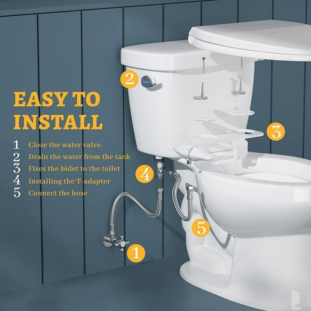 KDMLR Toilet Bidet Non-Electric Bidet Toilet Attachment Dual Nozzles for Frontal/Rear Wash, Adjustable Pressure Control, Sliver/White