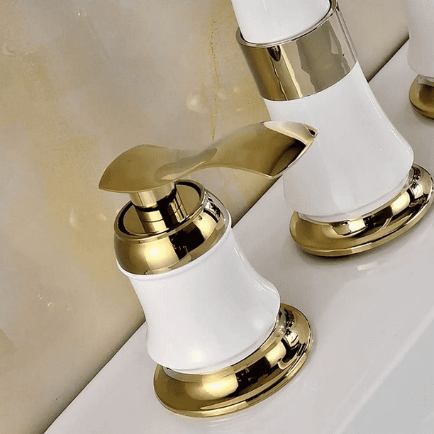 Bathroom Sink 3 Hole Faucet, KDMLR 4 Inch Ceramic White Bathroom Sink Faucet with Pop Up Drain and 2 Water Supply Hoses, Ceramic Lead Free Dual Handle Handheld Faucet for Bathroom Sink Vanity RV