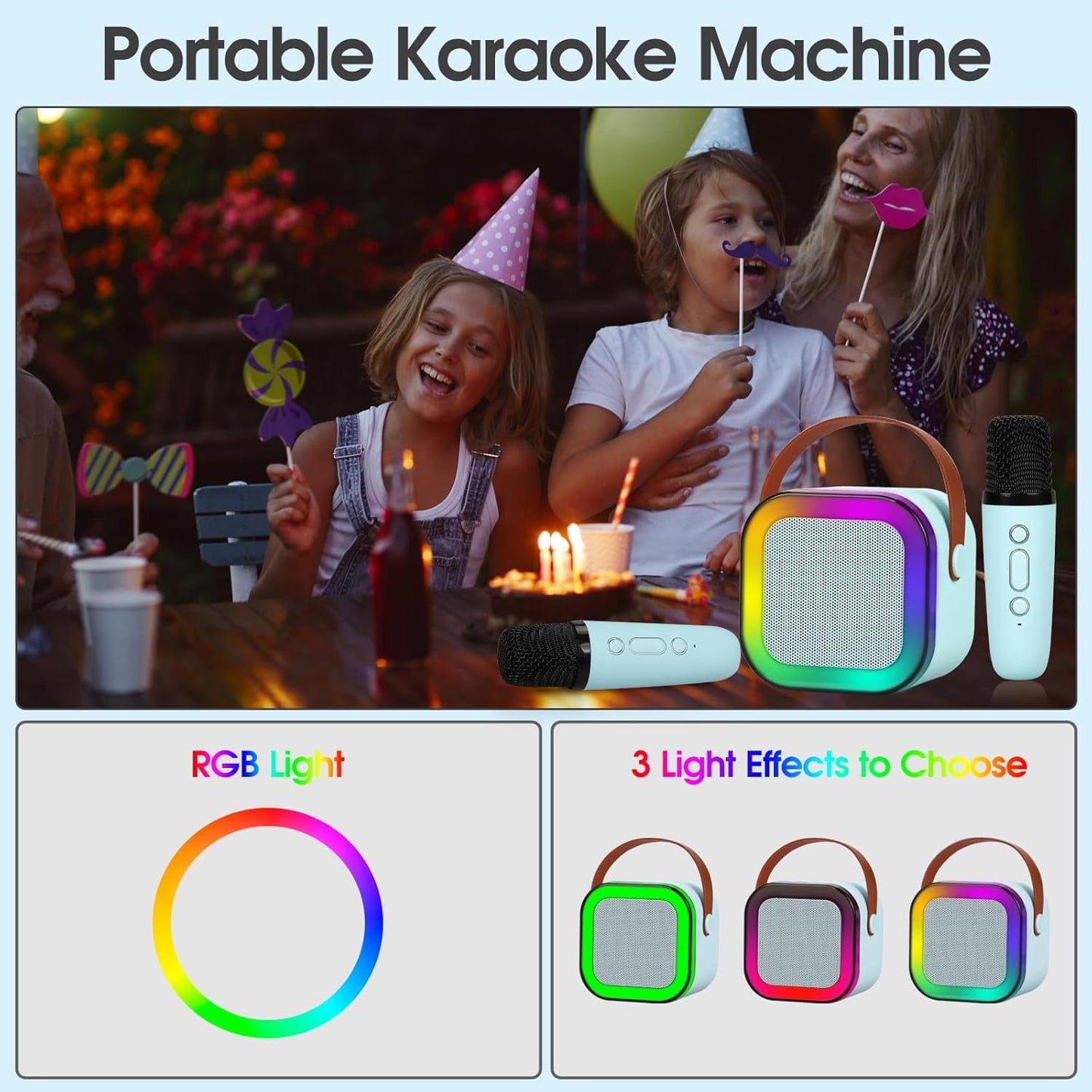 XANLUOER Karaoke Machine for Kids and Adults, Mini Portable Bluetooth Speaker with Microphones and Lights(Blue)