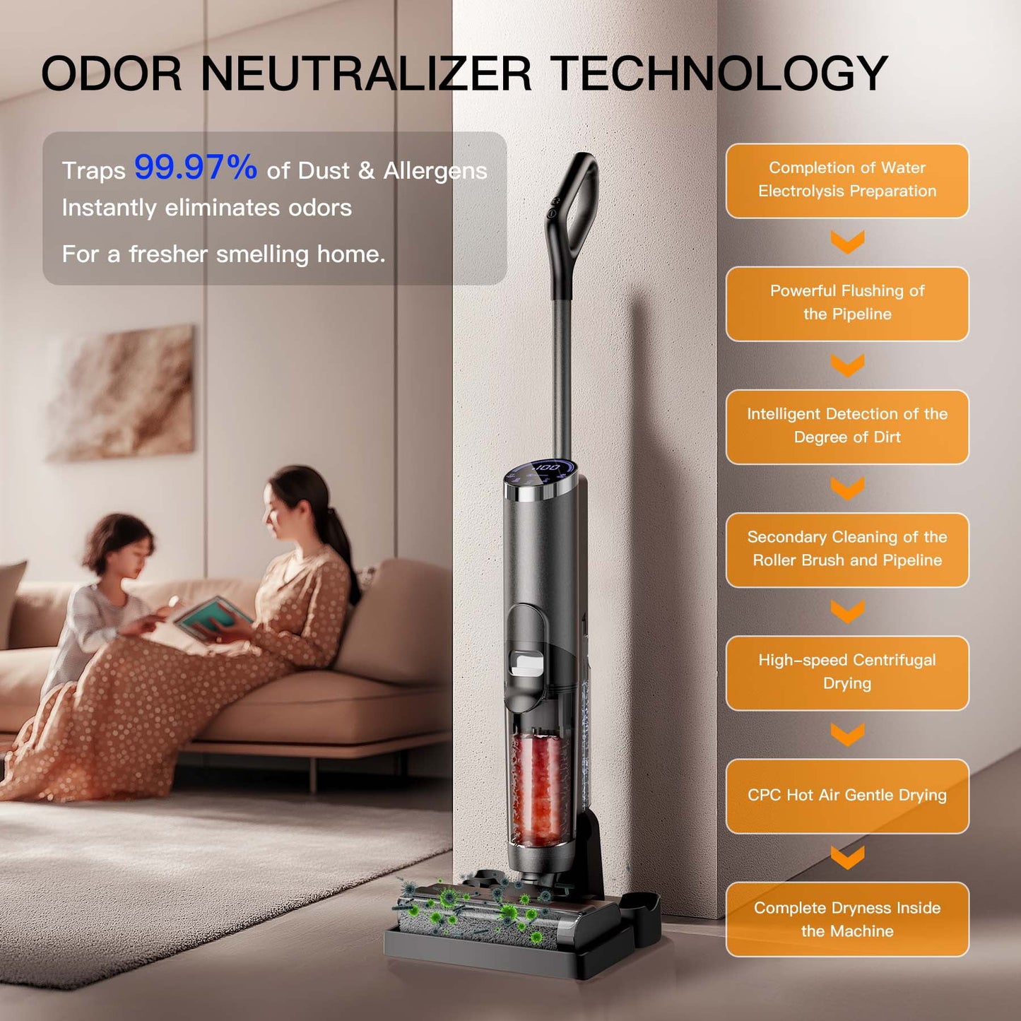 VEAT00L Cordless Wet Dry One Hard Floor Cleaner with Charging Base, Self-Cleaning with 25Kpa Powerful Suction, Great for Pet Hair and Sticky Messes, 30min Runtime, LCD Display, Voice Prompt