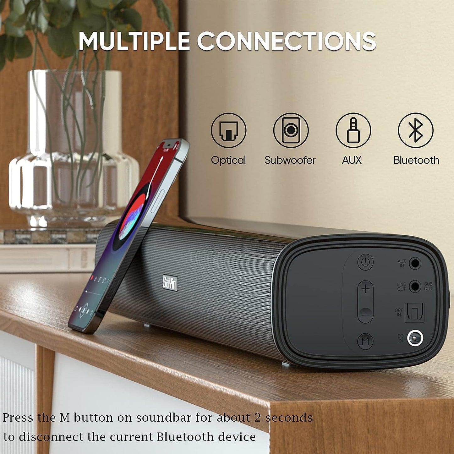 KDMLR Sound Bars for TV, 40 Watts Small Soundbar Built with 4 Speakers,TV Sound Bar Speakers with Bluetooth/Optical/AUX Connection for PC/Gaming/Projectors,17inch