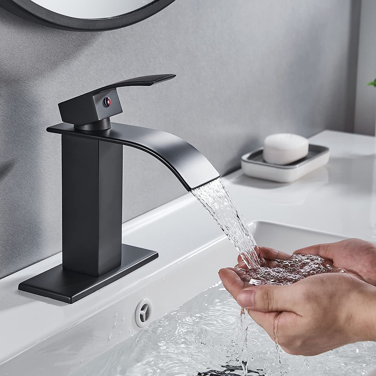 KDMLR Black Single Handle Deck Mounted Brass Waterfall Bathroom Faucet,Hot and Cold Water Mixer Tap Easy to install, suitable for bathroom, kitchen, and dressing table