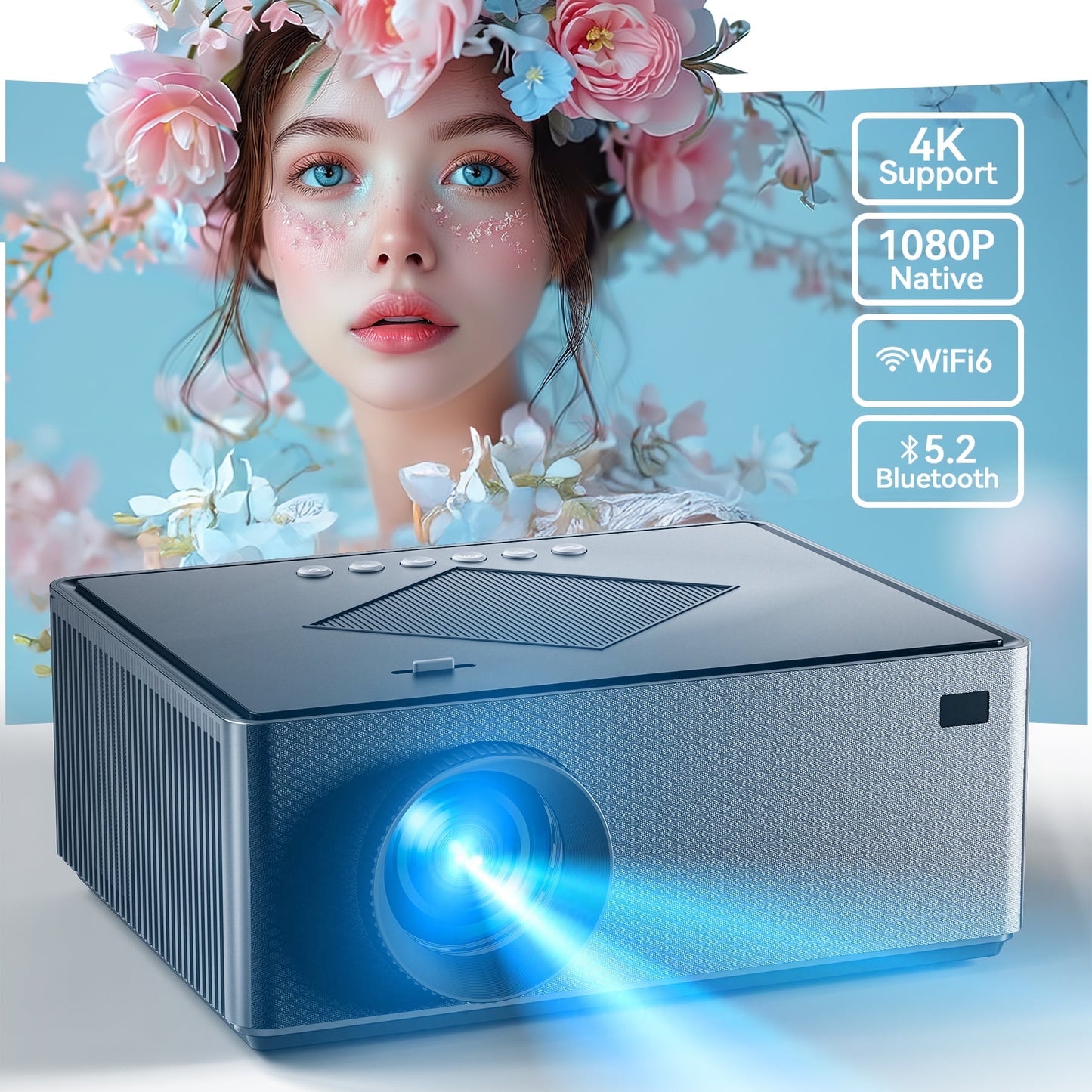 Dual-Band 5G/2.4G WiFi Bluetooth Projector, 16000 Lux 4K Supported Portable Movie Projector for Home Outdoor, 300" Display, 4-Point Keystone, HiFi Speaker