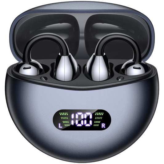 VEAT00L Open-Ear Headphones, Wireless Clip On Earbuds with Digital Display Charging Case 68 Hours Playtime, Lightweight Comfort, Stable Fit, Open-Ear Safety Design for Active and Office Use