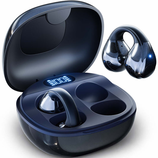VEAT00L Open-Ear Headphones, Wireless Clip On Earbuds with Digital Display Charging Case 68 Hours Playtime, Lightweight Comfort, Stable Fit, Open-Ear Safety Design for Active and Office Use