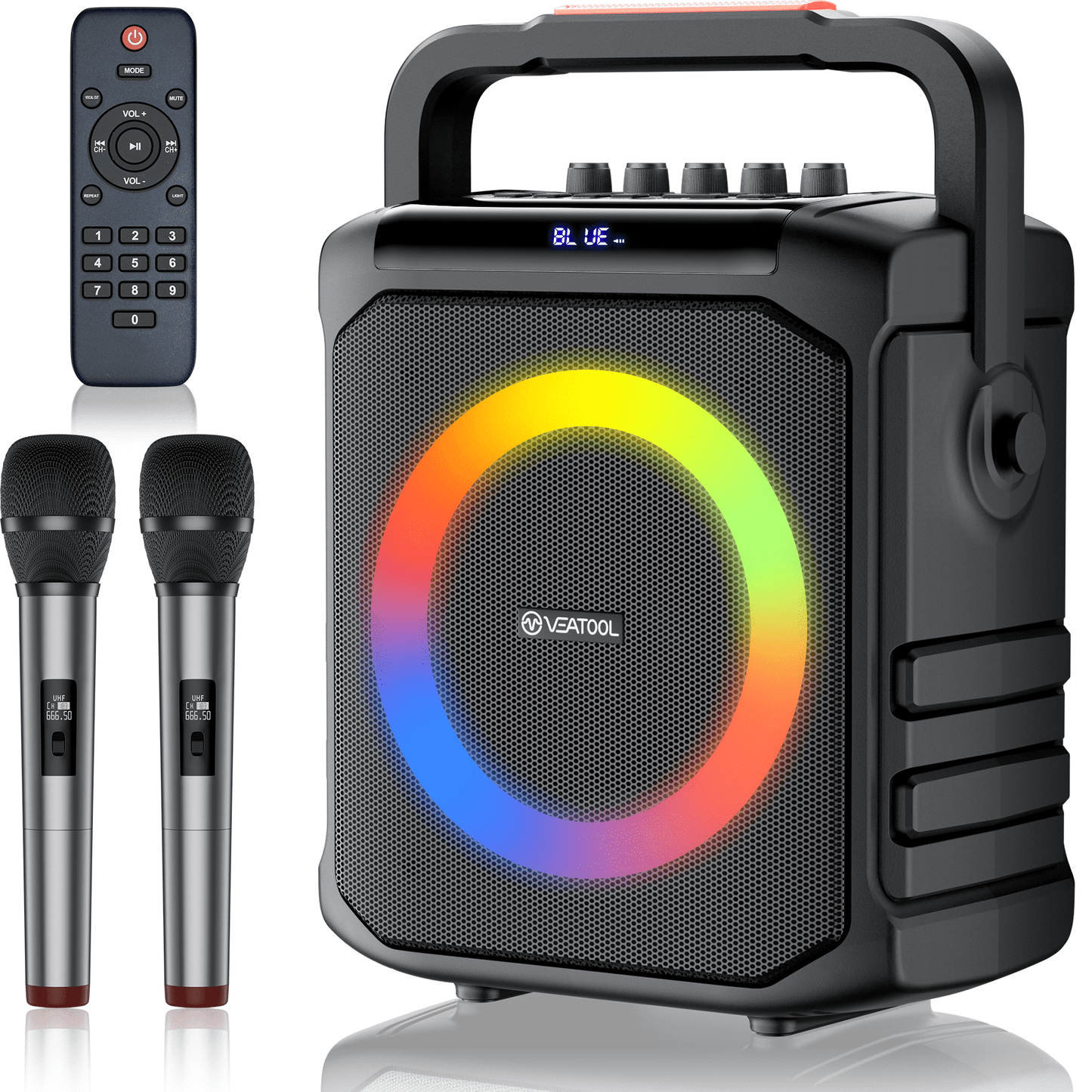 VEATOOL Karaoke Machine with Two Wireless Microphones, Portable Bluetooth Speaker with Bass/Treble Adjustment, PA System with Remote Control, Supports TF Card/USB, AUX in, REC, Party/Meeting/Outdoor