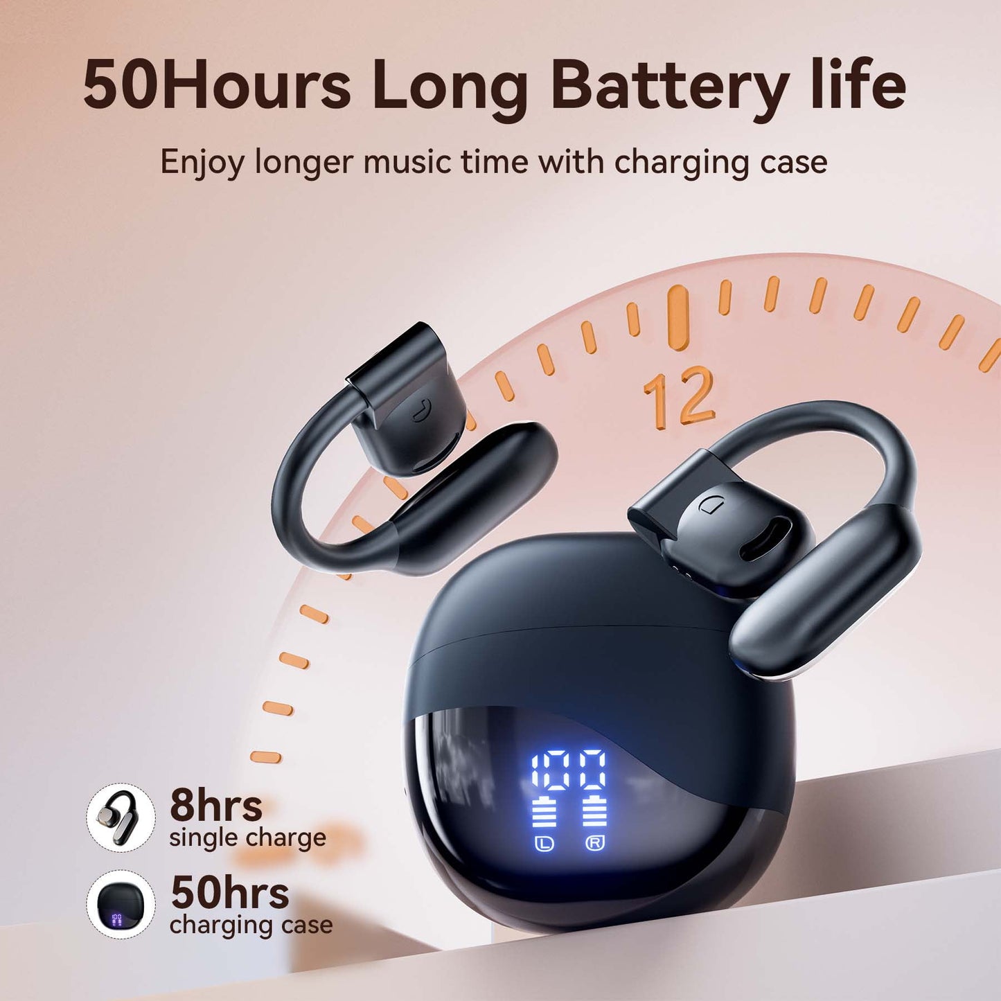 VEATOOL Wireless Earbuds Open Ear Headphone Sport, Bluetooth 5.4 Earbud, 50Hrs Earphone with Earhook, Noise Cancelling Mic,Light Weight Comfortable Fit,Suitable for Running,Workouts