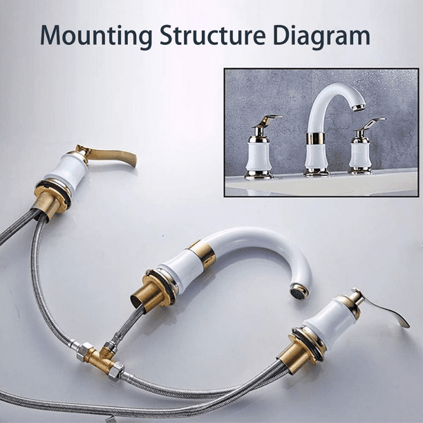 Bathroom Sink 3 Hole Faucet, KDMLR 4 Inch Ceramic White Bathroom Sink Faucet with Pop Up Drain and 2 Water Supply Hoses, Ceramic Lead Free Dual Handle Handheld Faucet for Bathroom Sink Vanity RV