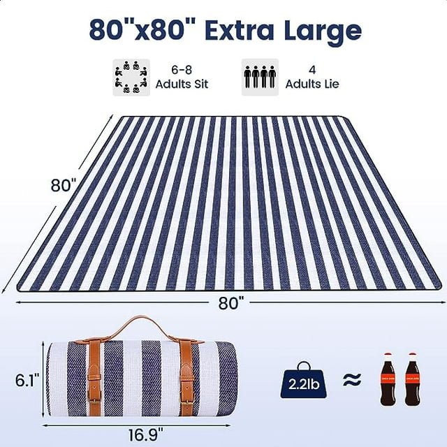 KDMLR 80”x 80” Picnic Blanket Extra Large, Waterproof and Foldable Beach Blanket, 3-Layer Outdoor Blanket for 6 to 8 Adults, for Camping, Park, Beach, Grass, Indoors…