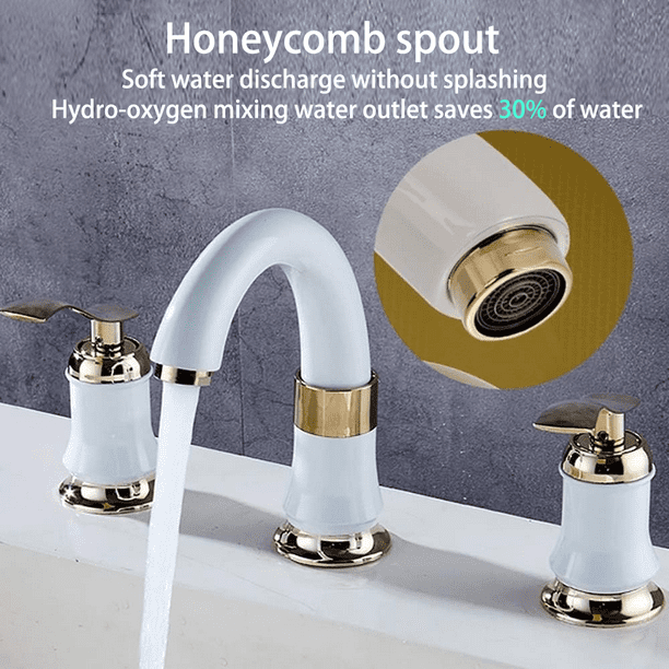 Bathroom Sink 3 Hole Faucet, KDMLR 4 Inch Ceramic White Bathroom Sink Faucet with Pop Up Drain and 2 Water Supply Hoses, Ceramic Lead Free Dual Handle Handheld Faucet for Bathroom Sink Vanity RV