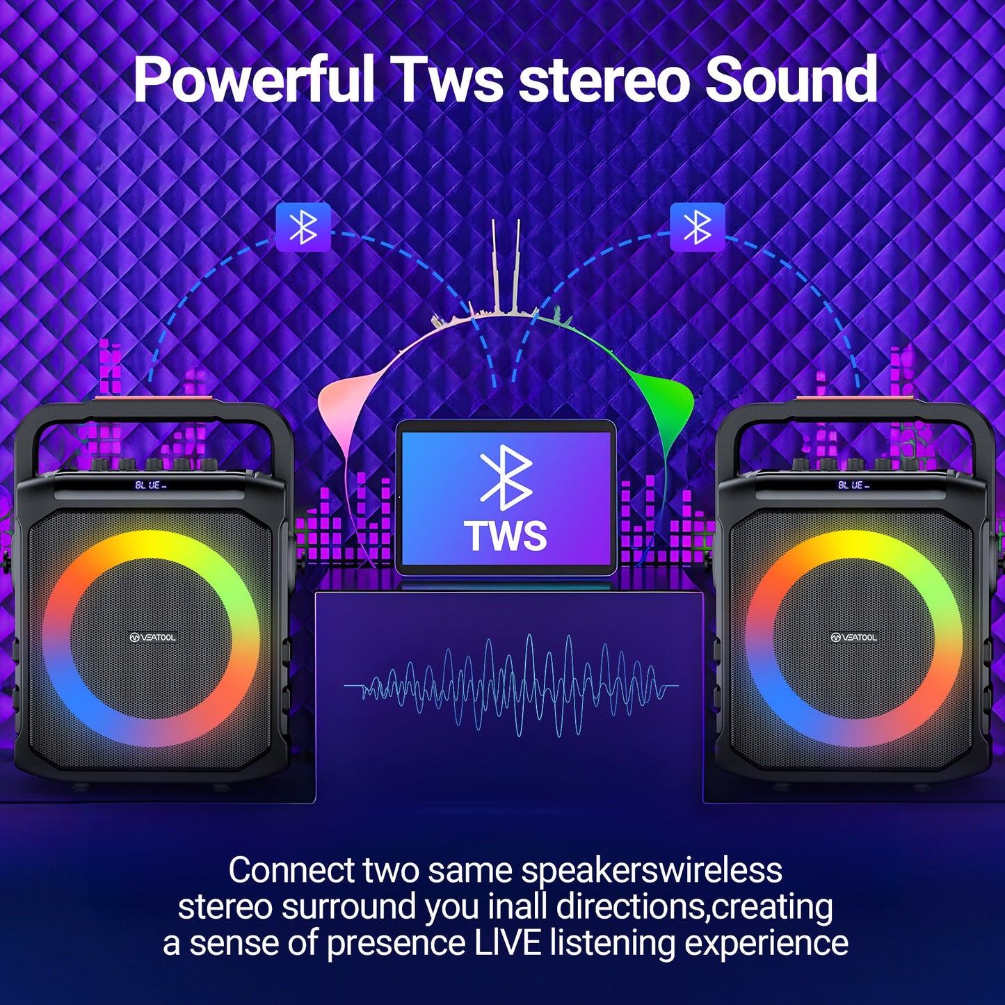 VEATOOL Karaoke Machine with Two Wireless Microphones, Portable Bluetooth Speaker with Bass/Treble Adjustment, PA System with Remote Control, Supports TF Card/USB, AUX in, REC, Party/Meeting/Outdoor