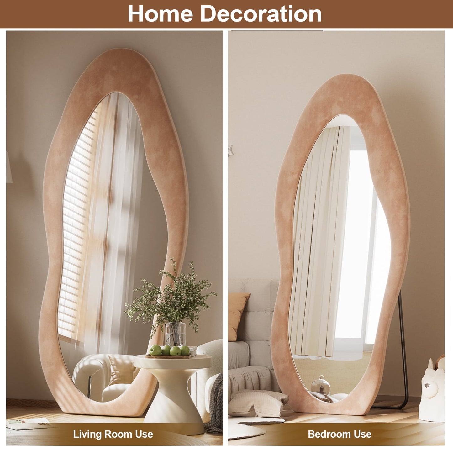 XANLUOER 63"x24" Full Length Mirror Irregular Cloud Floor Mirror With Flannel Frame, Light Brown
