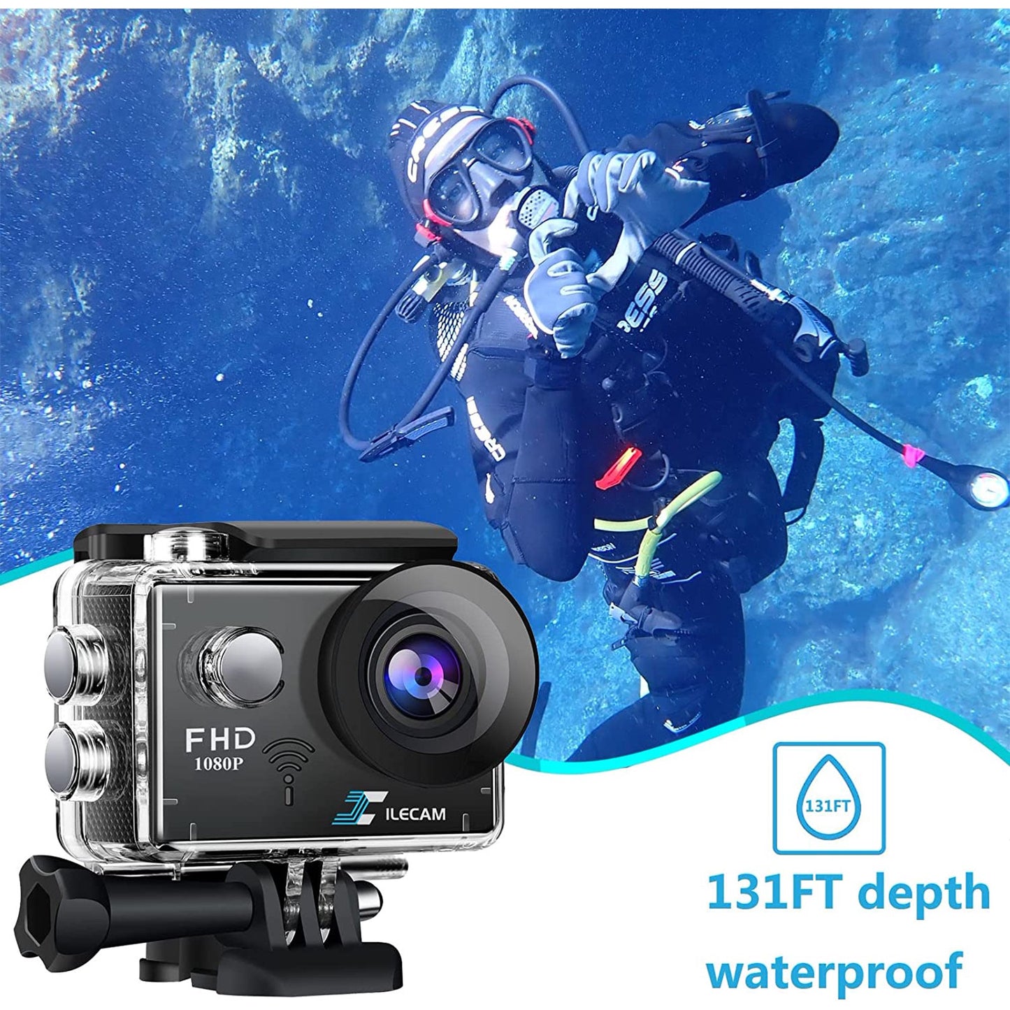 Action Camera 1080P 30fps WiFi Action Camera HD 2.0 Inch Action Camera 40m/131ft Underwater Waterproof Snorkel Surf Camera with 2 Batteries and Multi-Function Accessory (1080P)