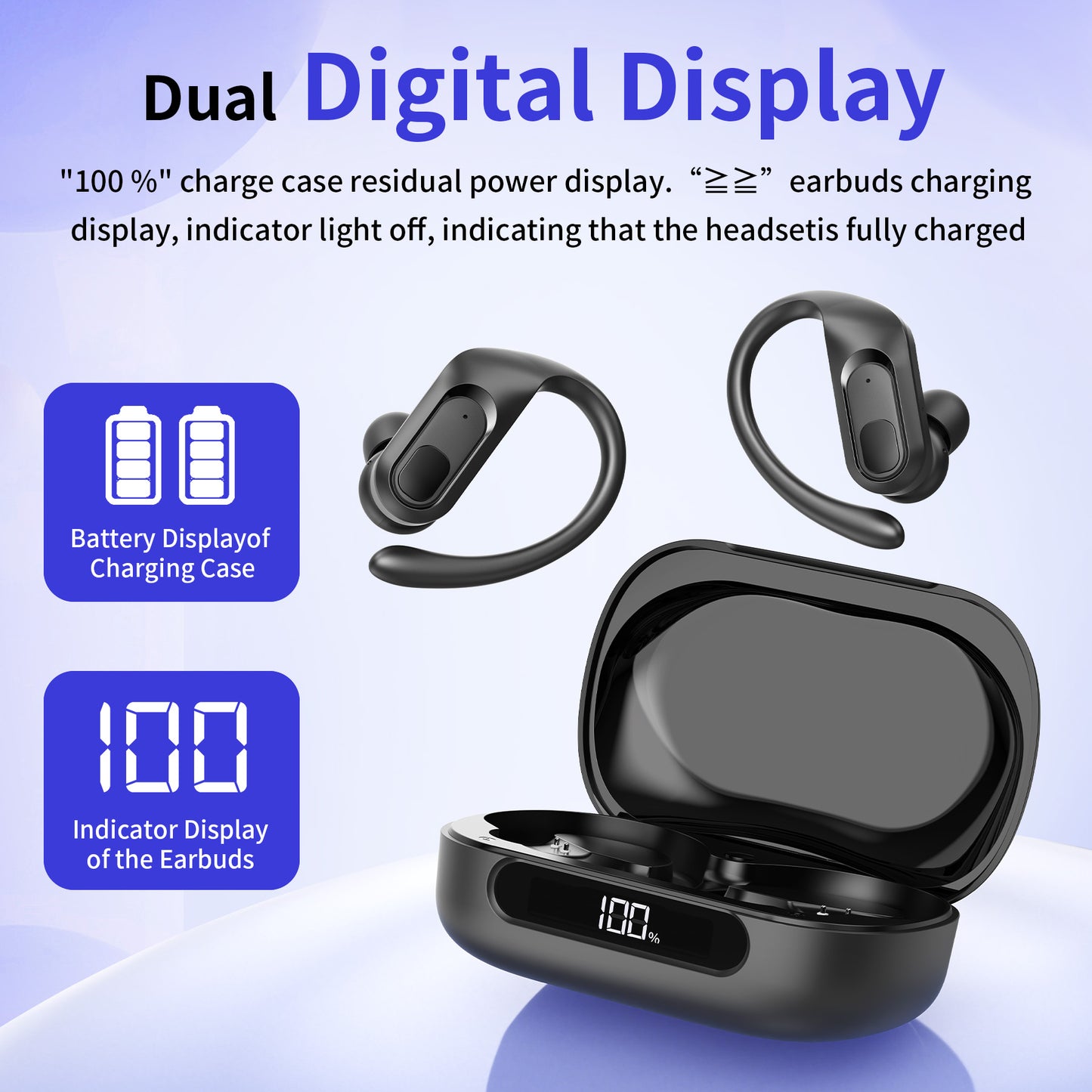 Bluetooth Headphones Wireless Earbuds 96Hrs Playback Sport Ear Buds with Earhook LED Display Charging Case IPX7 Waterproof Earbud Deep Bass Running Earphones for iOS Android Cellphone