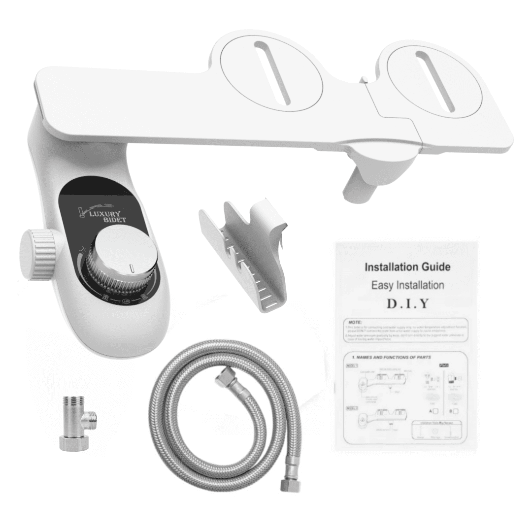 KDMLR Toilet Bidet Non-Electric Bidet Toilet Attachment Dual Nozzles for Frontal/Rear Wash, Adjustable Pressure Control, Sliver/White