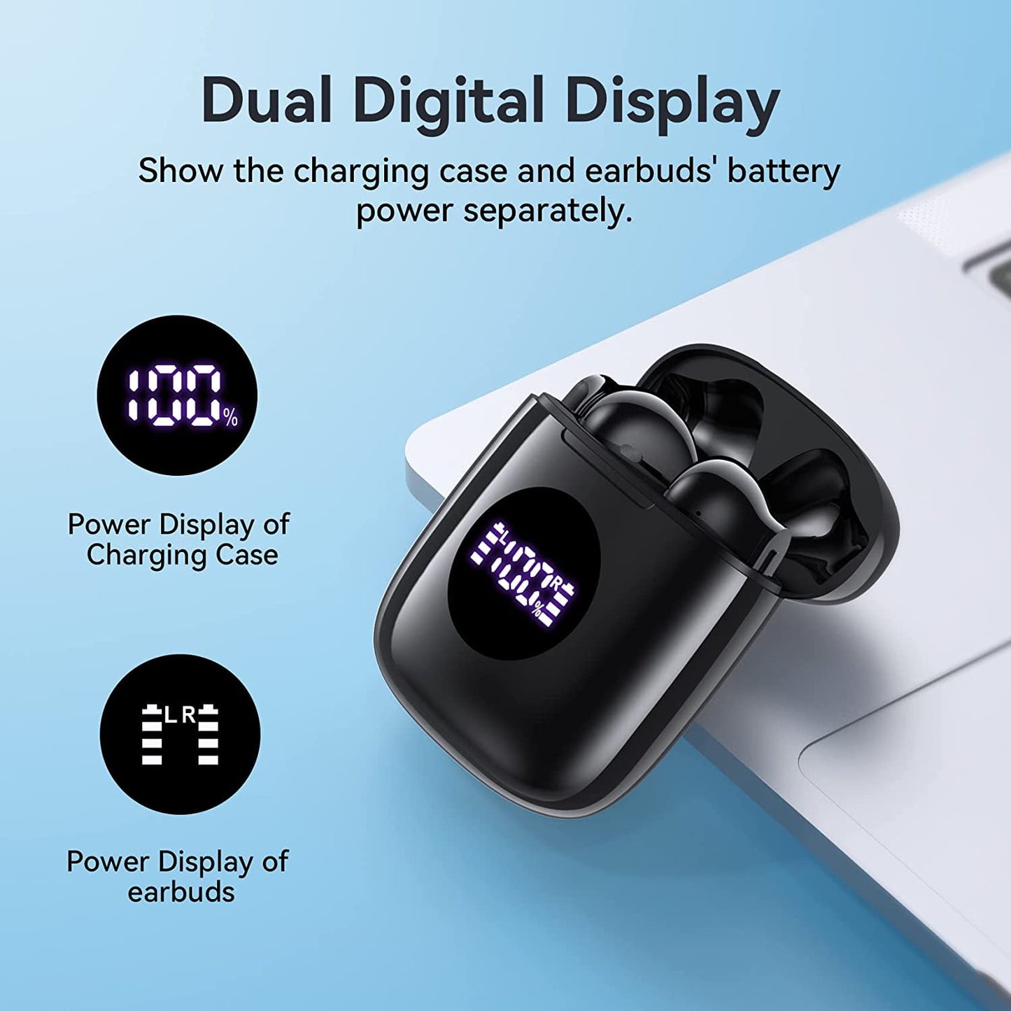Bluetooth Headphones V5.3 Wireless Earbuds 50Hrs Battery Life with Wireless Charging Case & LED Power Display Deep Bass IPX7 Waterproof Earphones Microphone Stereo Headset for TV Smart Phone Laptop