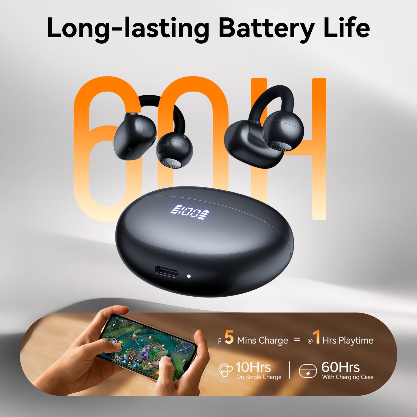 VEATOOL Clip On Earbuds,Bluetooth 5.4 Lightweight Comfort Bone Conduction Open Ear Headphones with LED Digital Display,Noise Cancelling Headphones, IPX7 Suitable for Small Ears and Eyeglass Wearers