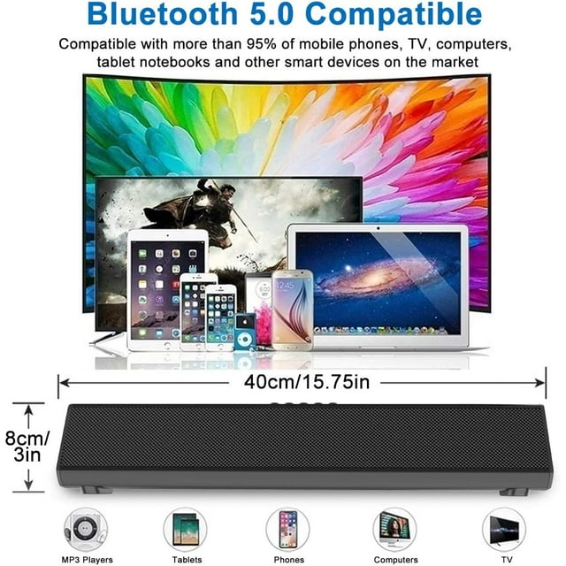 VEAT00L Sound Bar for TV, Soundbar with Subwoofer, Wired & Wireless Bluetooth 5.0 3D Surround Speakers, Optical/AUX/RCA/USB Connection, Wall Mountable, Remote Control