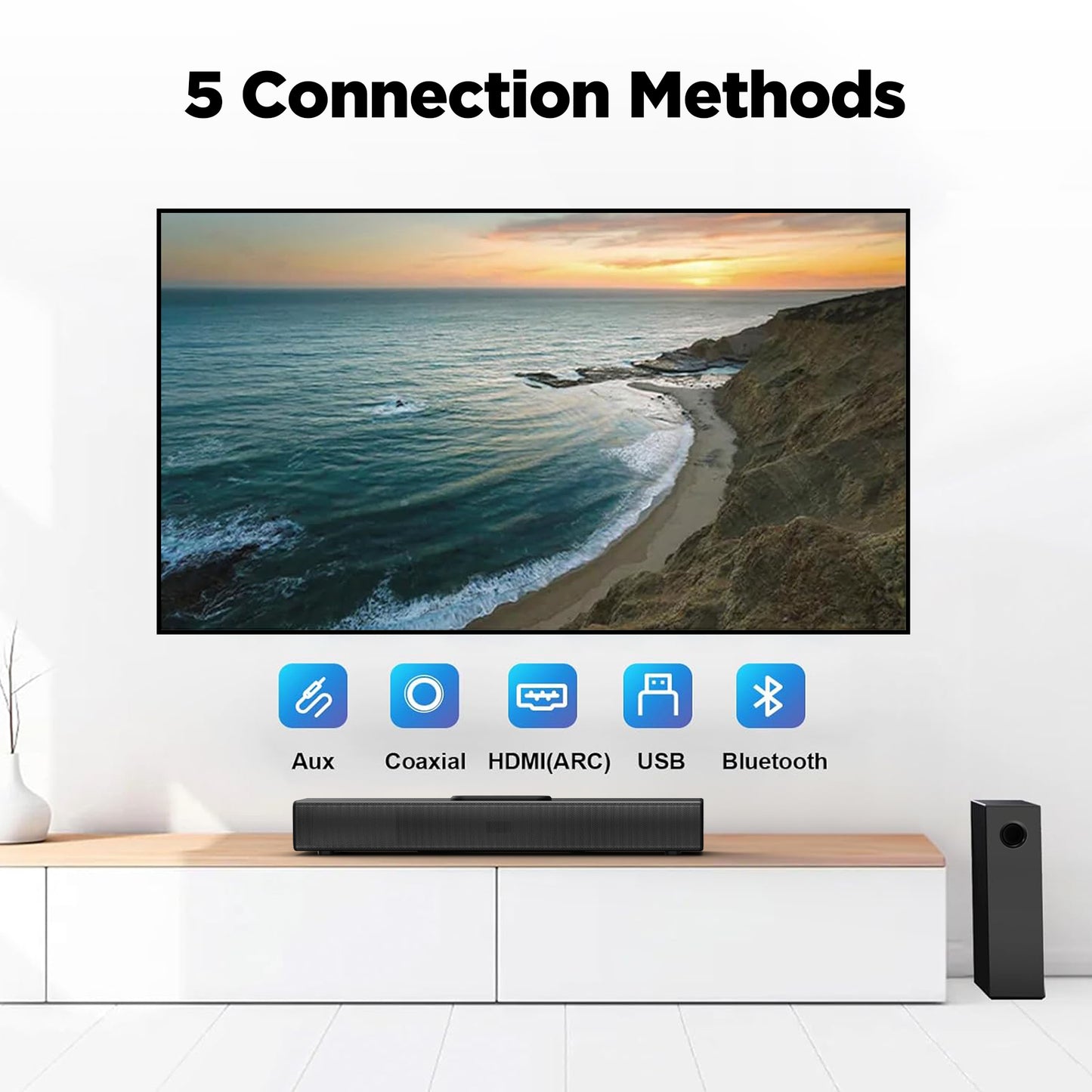 VEAT00L 2.1ch Sound Bars for Smart TV with Subwoofer, 160W Surround Sound Bluetooth Soundbar for TV,Wireless Bluetooth 3D Surround Sound Soundbar Deep Bass Adjustable Home Theater Surround System