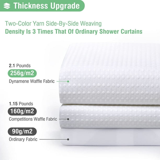 KDMLR White Fabric Shower Curtain, Waffle Weave Heavy Duty Hotel Luxury Cloth Shower Curtains for Bathroom, 72 Inch 256GSM Weighted Bath Curtain Set with 12 Plastic Hooks,72x72