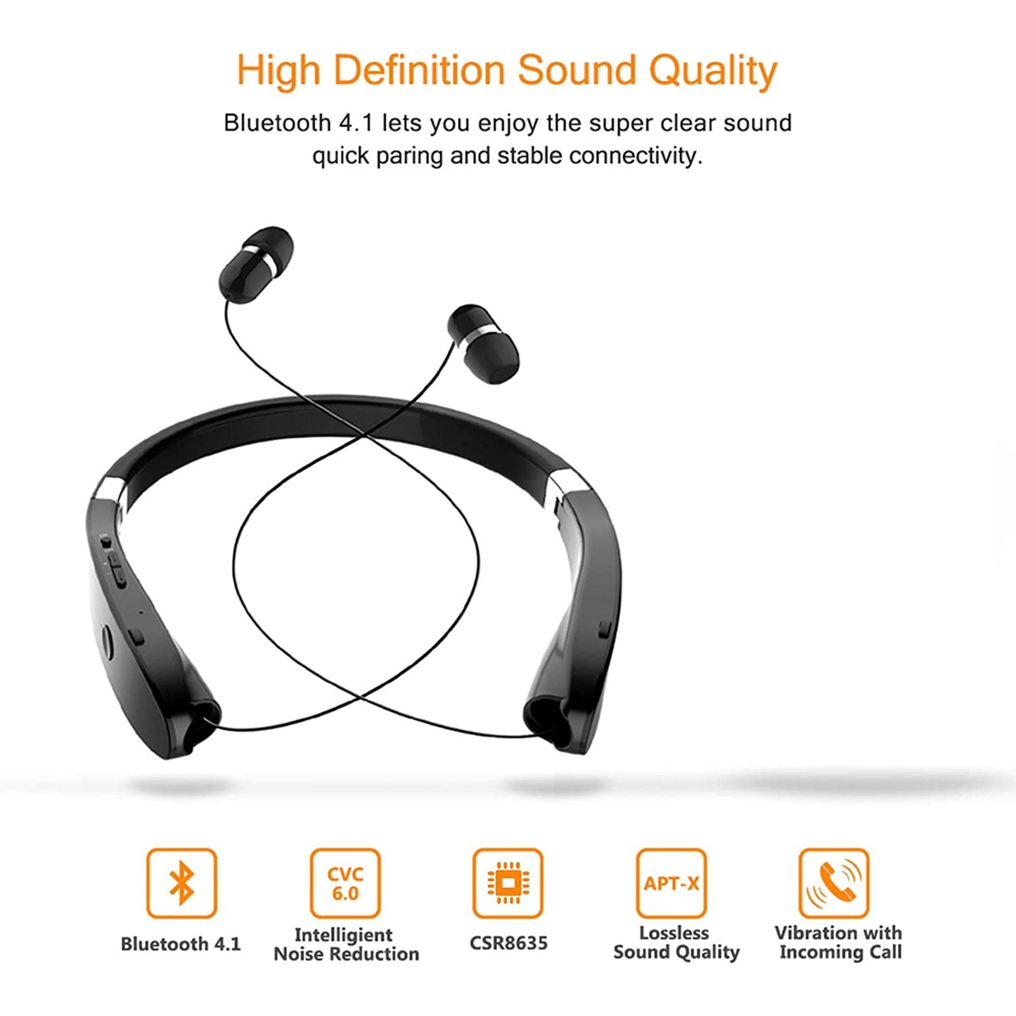 Foldable Bluetooth Headset,Lightweight Retractable Bluetooth Headphones for Sports&Exercise, Noise Cancelling Stereo Neckband Wireless Headset
