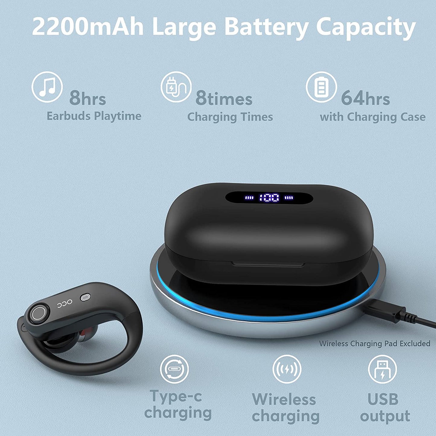 Bluetooth Headphones 4 Mic Noise Cancelling for Calls, Wireless Earbuds with 2200mAh Charging Case, Support Wireless Charging, Compatible with iPhone 13 Pro Max XS XR Samsung